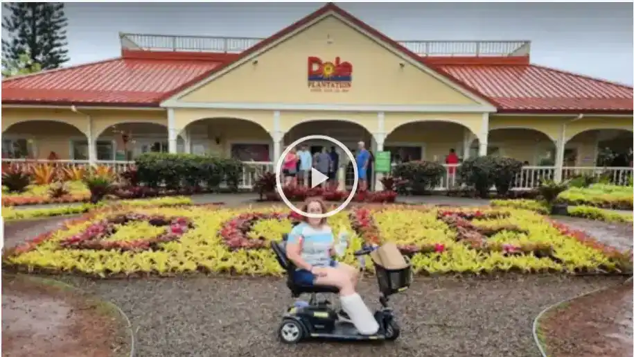 Video: traveler riding a mobility scooter in front of the Dole Plantation entrance