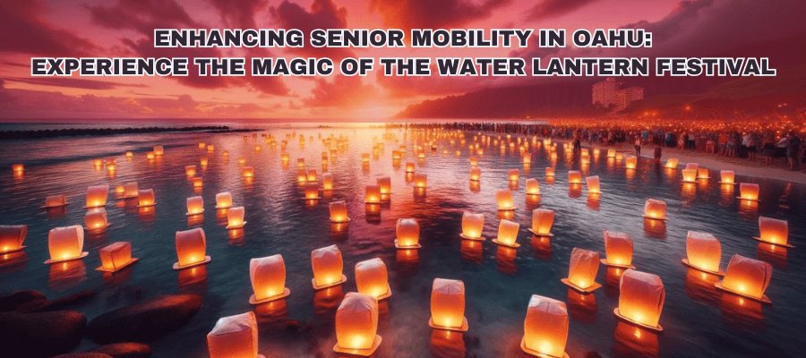 Illuminated lanterns floating on the water at the Shinnyo Water Lantern Festival at sunset