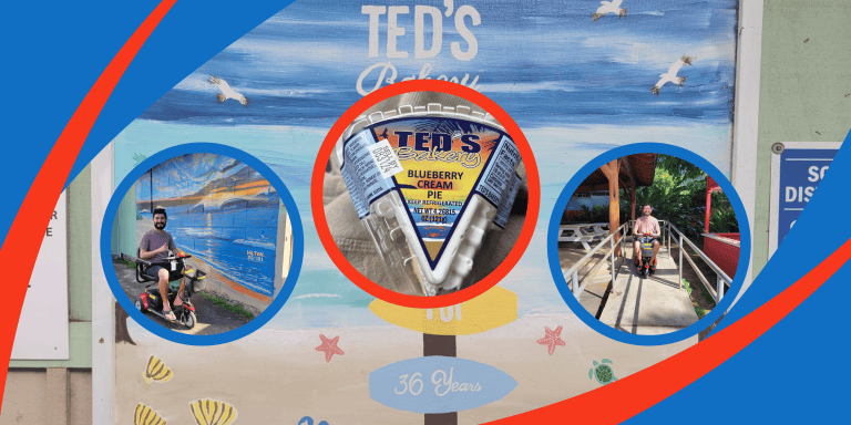 Ted's Bakery guide collage: travelers on mobility scooters and a Ted's Bakery blueberry cream pie
