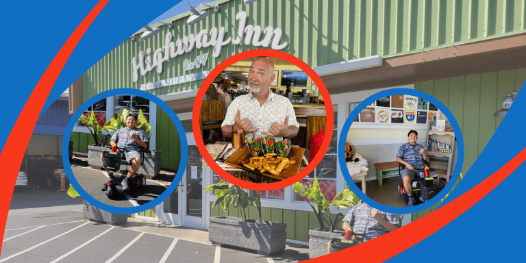 Highway Inn guide collage: travelers on mobility scooters and a plate lunch at Highway Inn