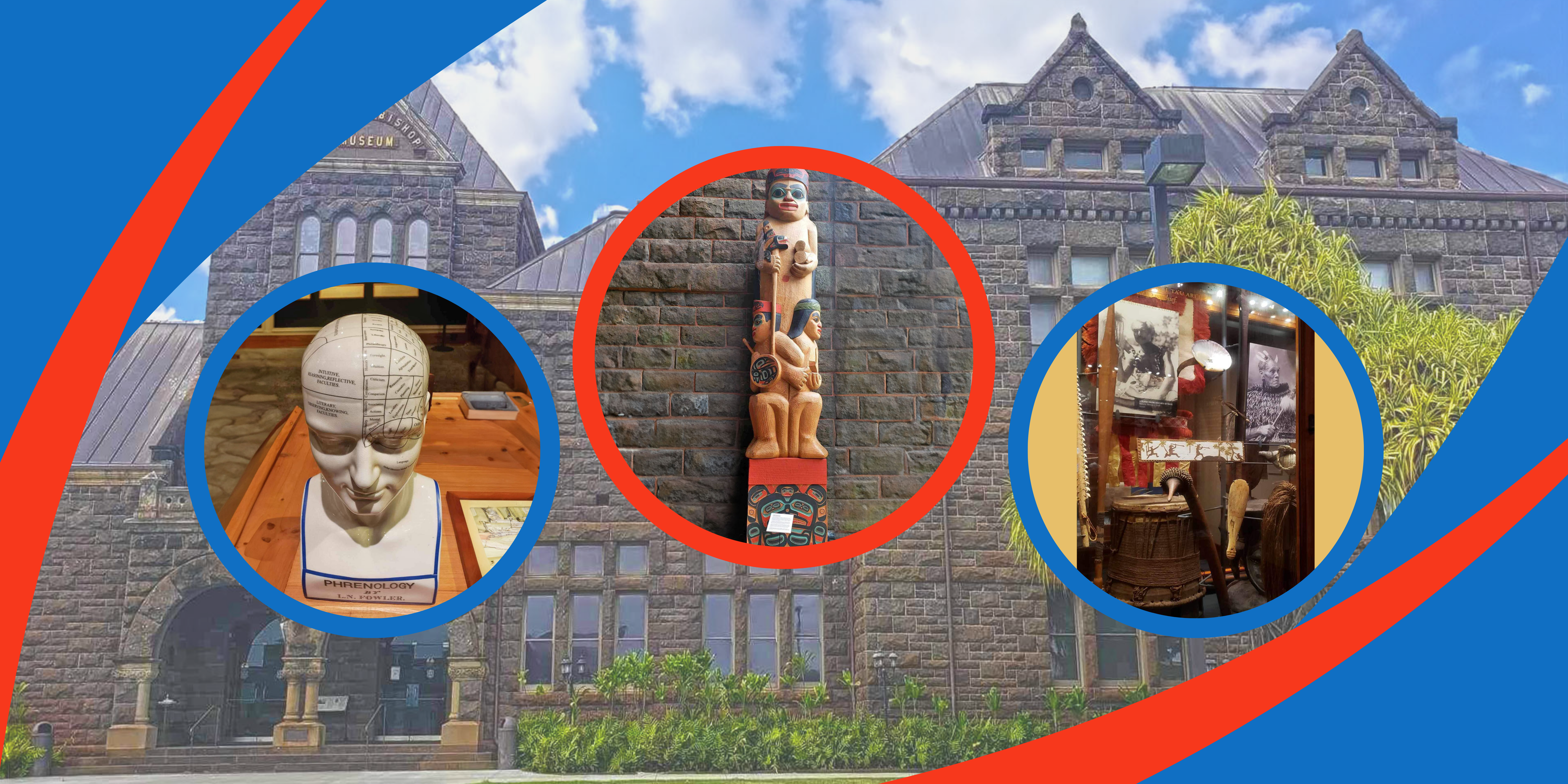 Bishop Museum guide collage: museum exterior, a carved totem, and exhibit displays