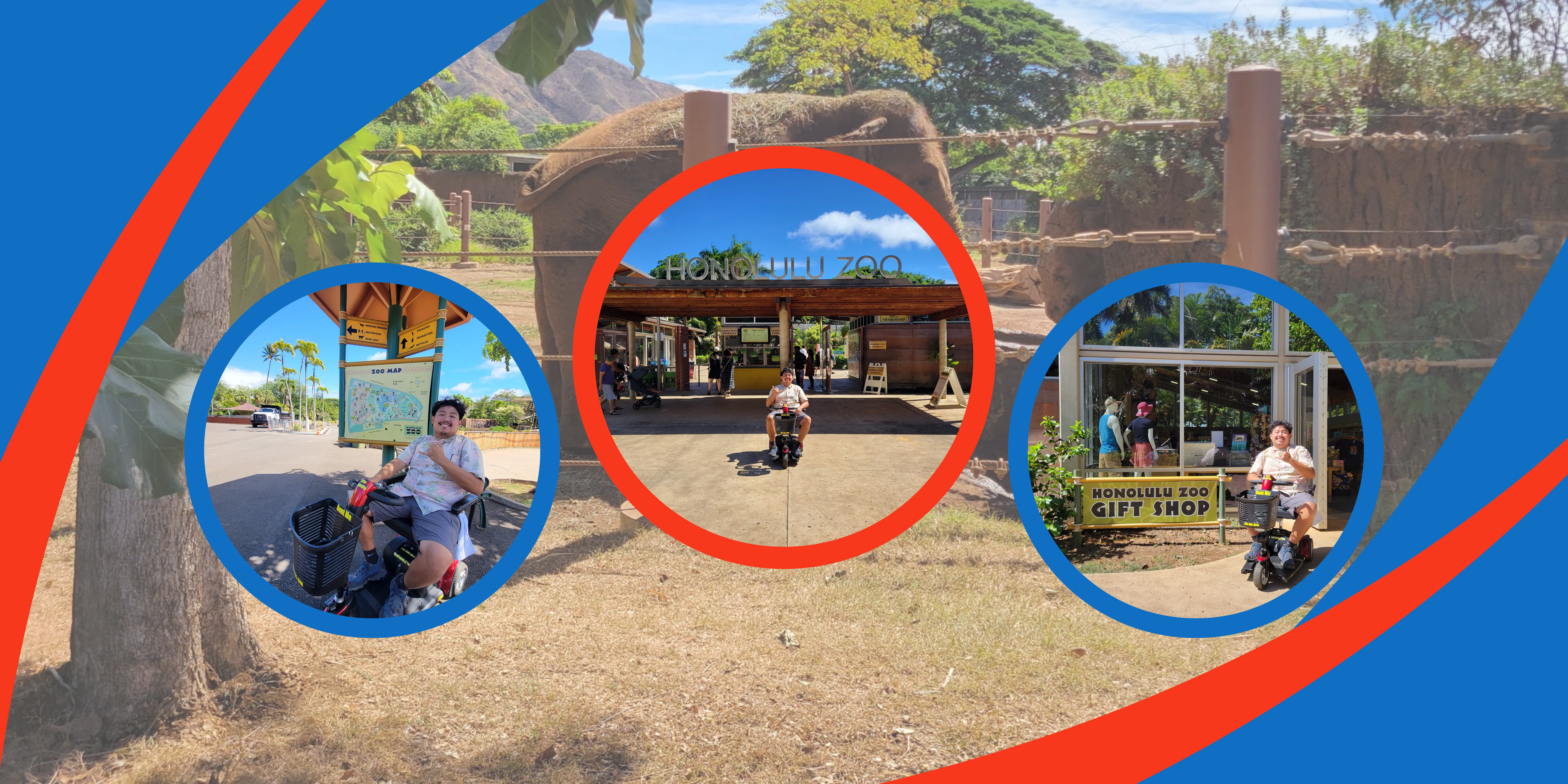 Honolulu Zoo guide collage: entrance sign and travelers using mobility scooters