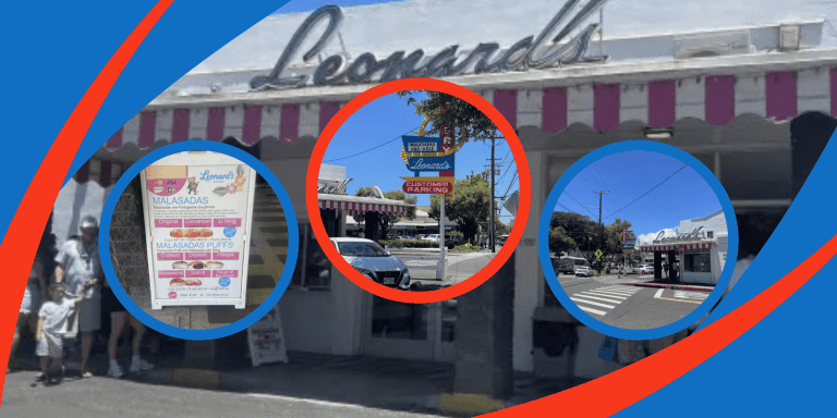 Leonard's Bakery guide collage: menu board, storefront, and travelers outside the shop