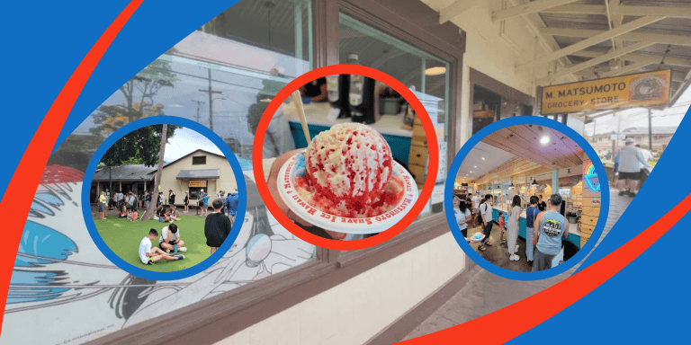 Matsumoto Shave Ice guide collage: a shave ice dessert, storefront, and customers seated outside
