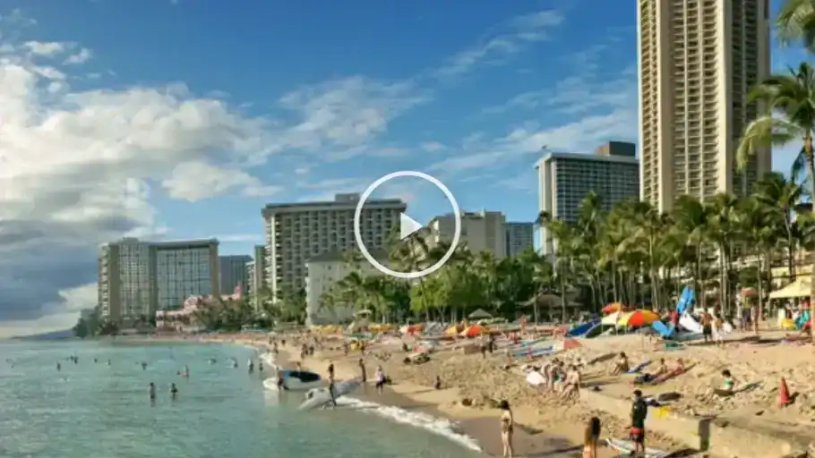 Video: aerial view of Waikiki Beach with hotels and beachgoers